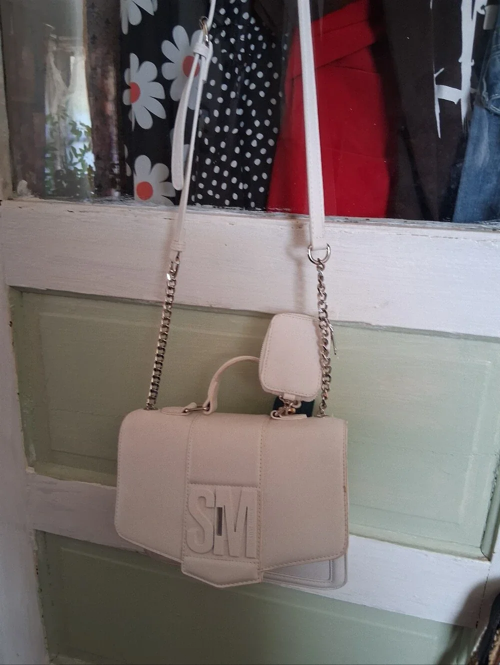Steve Madden White Embossed Top-Handle Shoulder Bag with Chain Strap